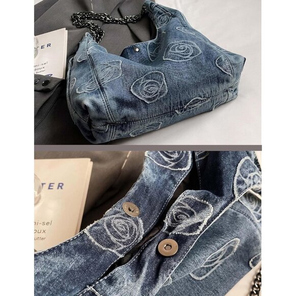 Denim Hobo Tote Bag for Women Floral Pattern Shoulder Purse Lightweight - Picture 5 of 6